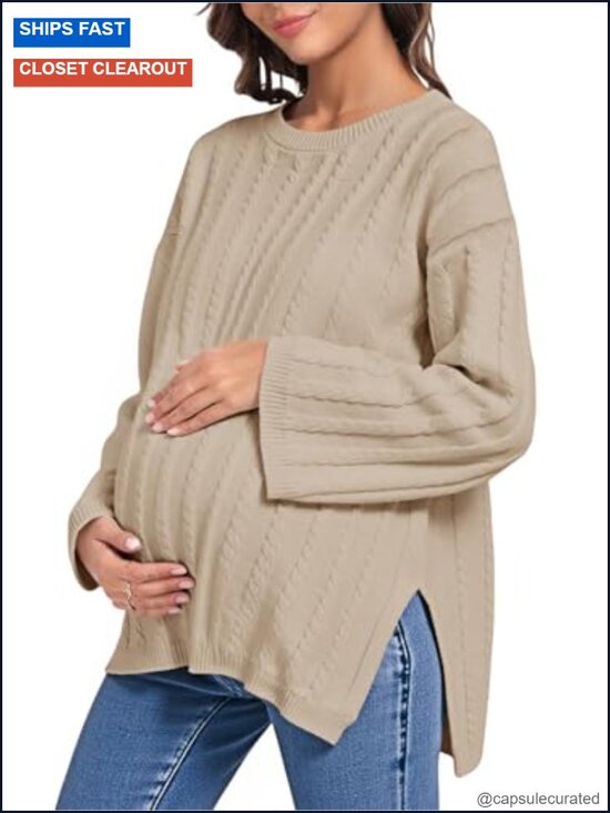 Other - Maternity Cable Knit Sweater Loose Fit Crewneck Long Sleeve Side Slit Fall